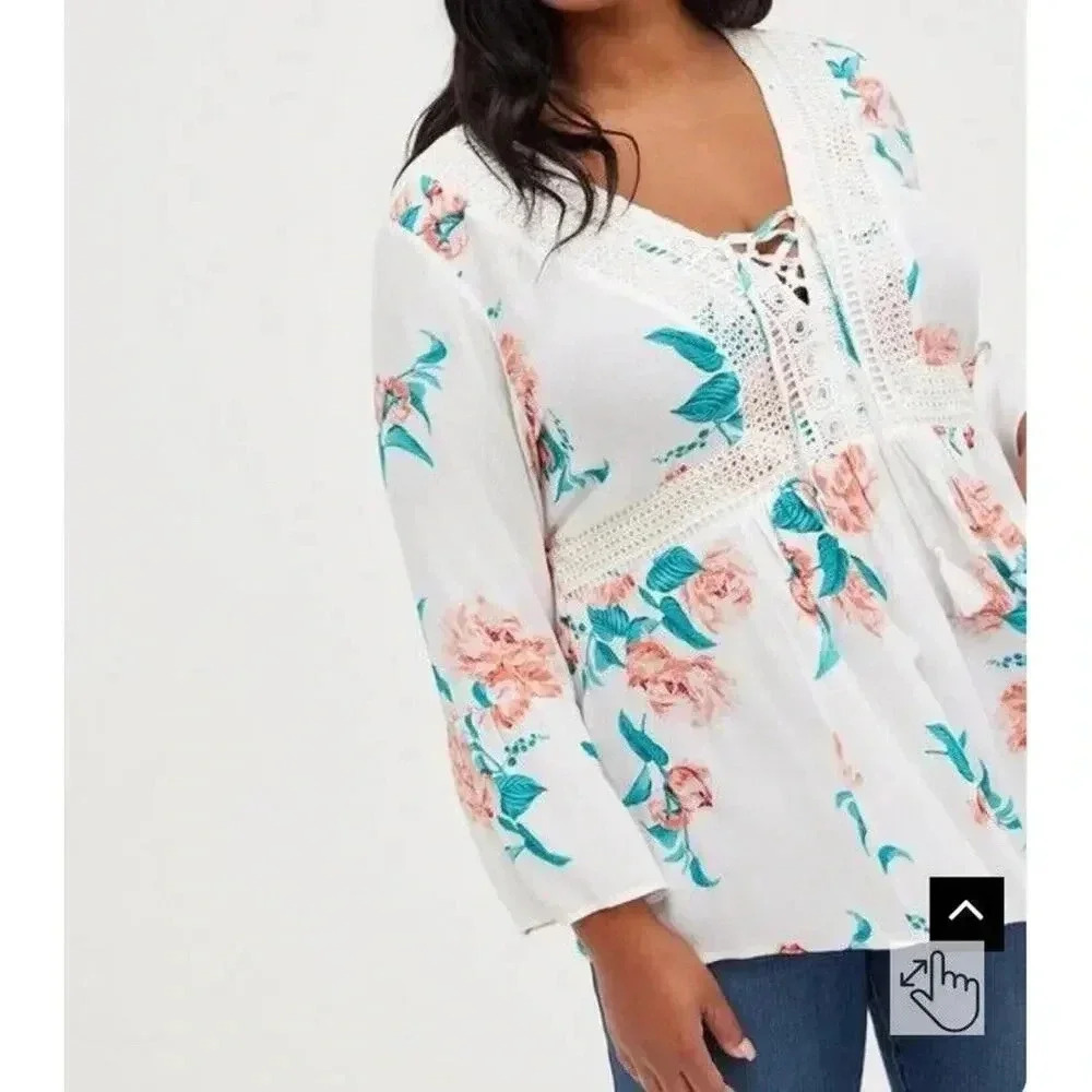 Torrid White Teal Peach Babydoll Gauze Crochet Trim Lace-Up Top Size 1 (14/16)